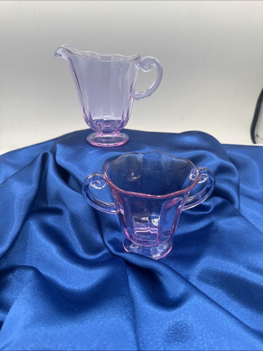 Pink Glass Sugar and Creamer Set - Unmarked; Color changes pink to lavender !